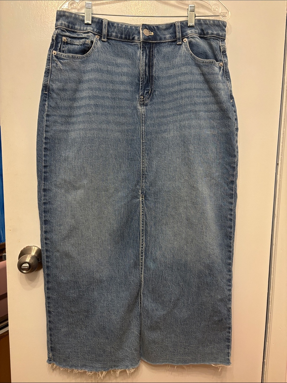 Reitmans Light Blue Front Slit Stretch Denim Midi Skirt
